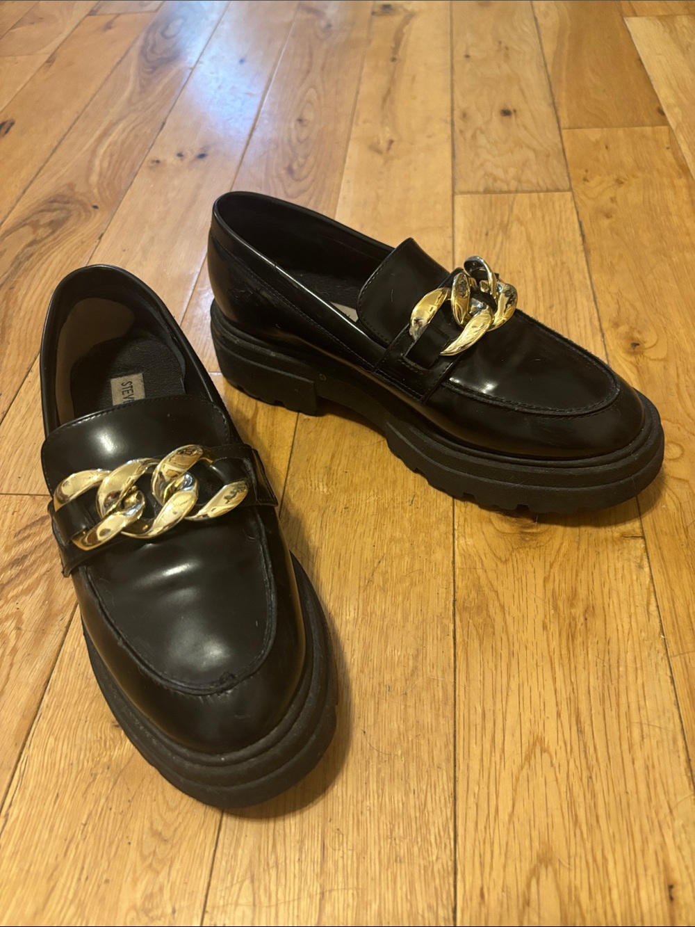 Steve Madden Black Makira Chunky Loafers with Gold Chain and Lug Soles